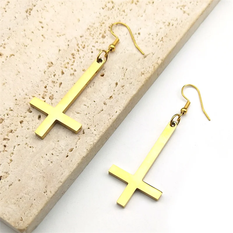 Edelstahl Gothic Auf Den Kopf Kreuz Tropfen Ohrringe Punk Invertiert Kreuz Ohrring Goth Schmuck Pendientes Mujer E8374S06 – Detail 5