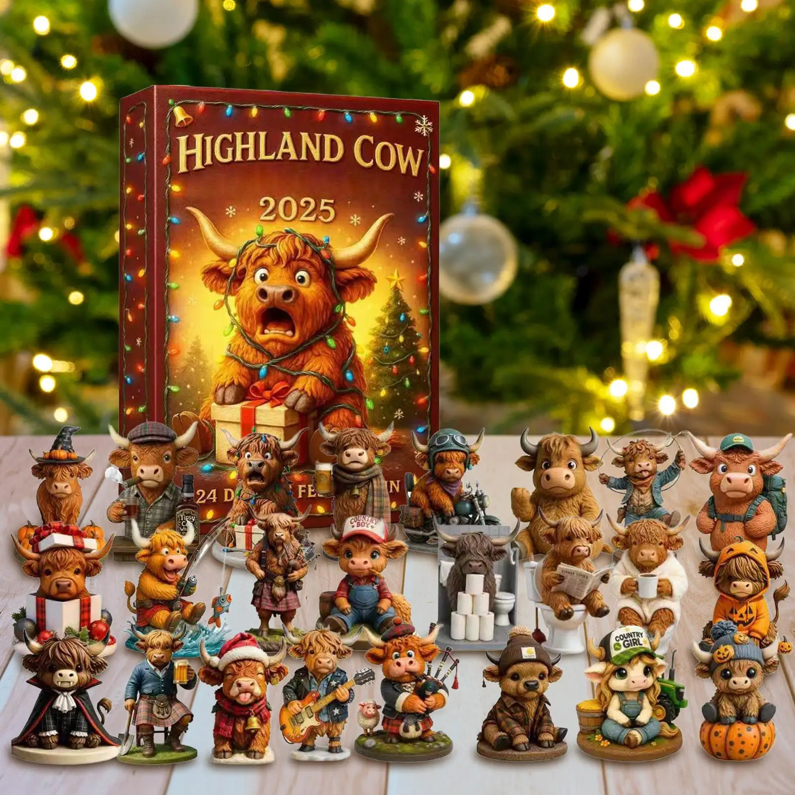 24pcs Christmas Advent Calendar 24 days 3D Rubber Highland Cow Ornaments Christmas Tree Decorations xmas Countdown Gifts