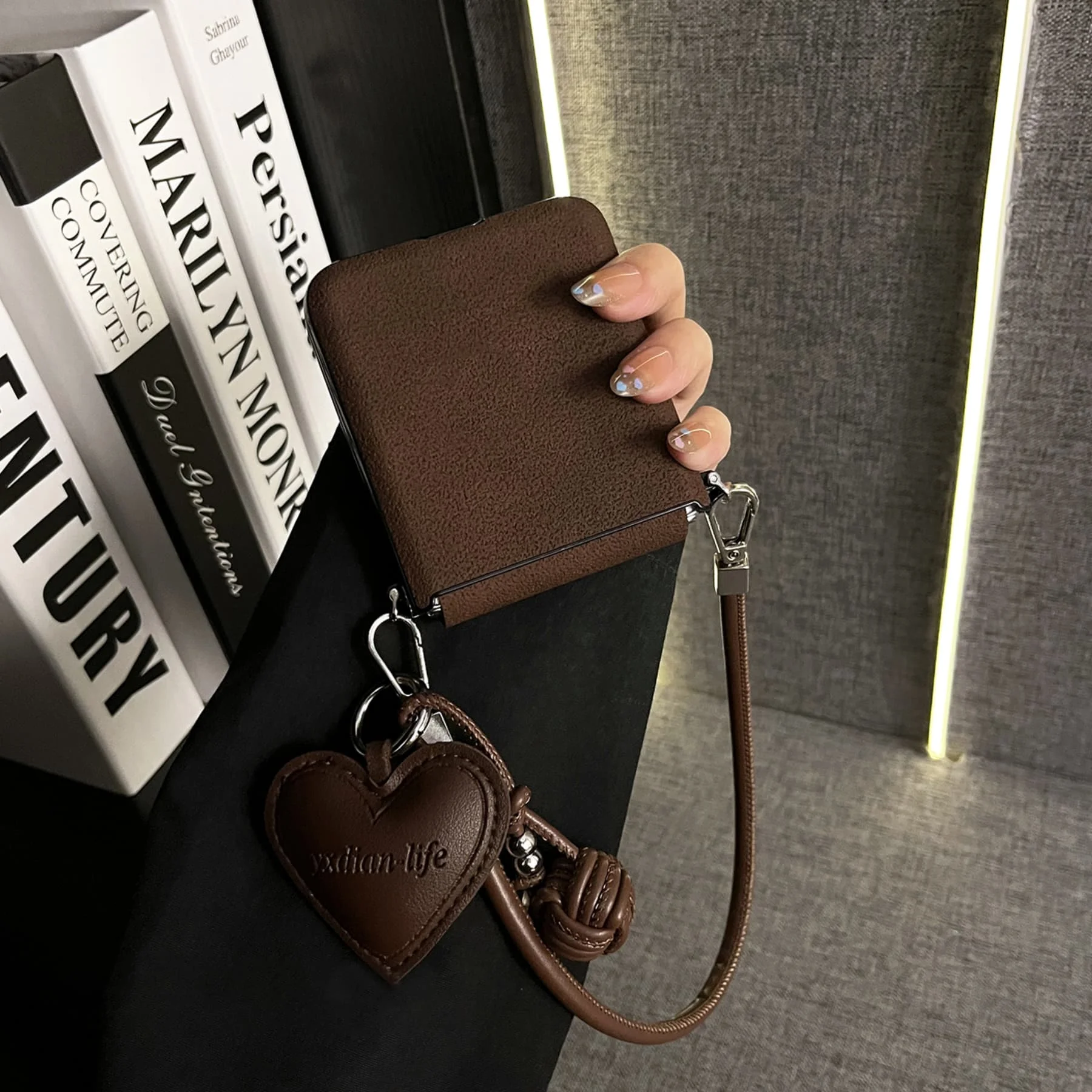 Luxury Brown Moon Pattern Magnetic Phone Case with Leather Heart Pendant