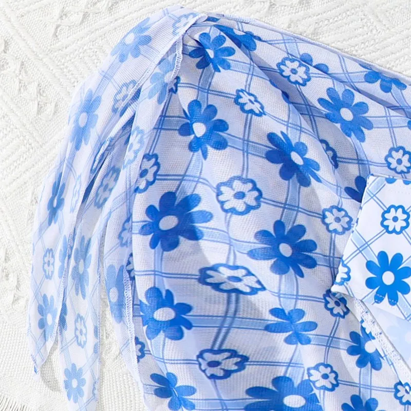 3pack Children Girls Blue Flower Printed Bikini Sets 8-12 Years Kids Swimsuit Skirts Swimwear Teens Beach Bathing Suit
