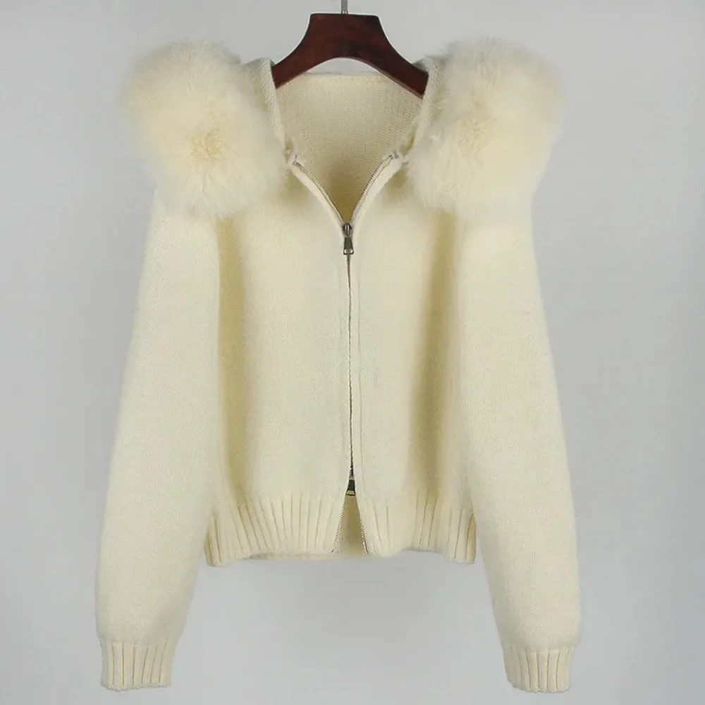 2024 Fashion Autumn Winter Casual Hooded Real Fox Fur Collar Fashion Short Knitted Jacket with Natural Fur Coat for Women 5