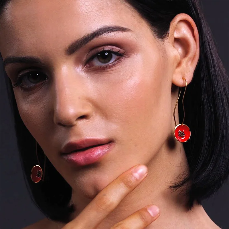 Red Flower Drop Dangle Earrings for Women Gold Color Twist Long Hook Earrings