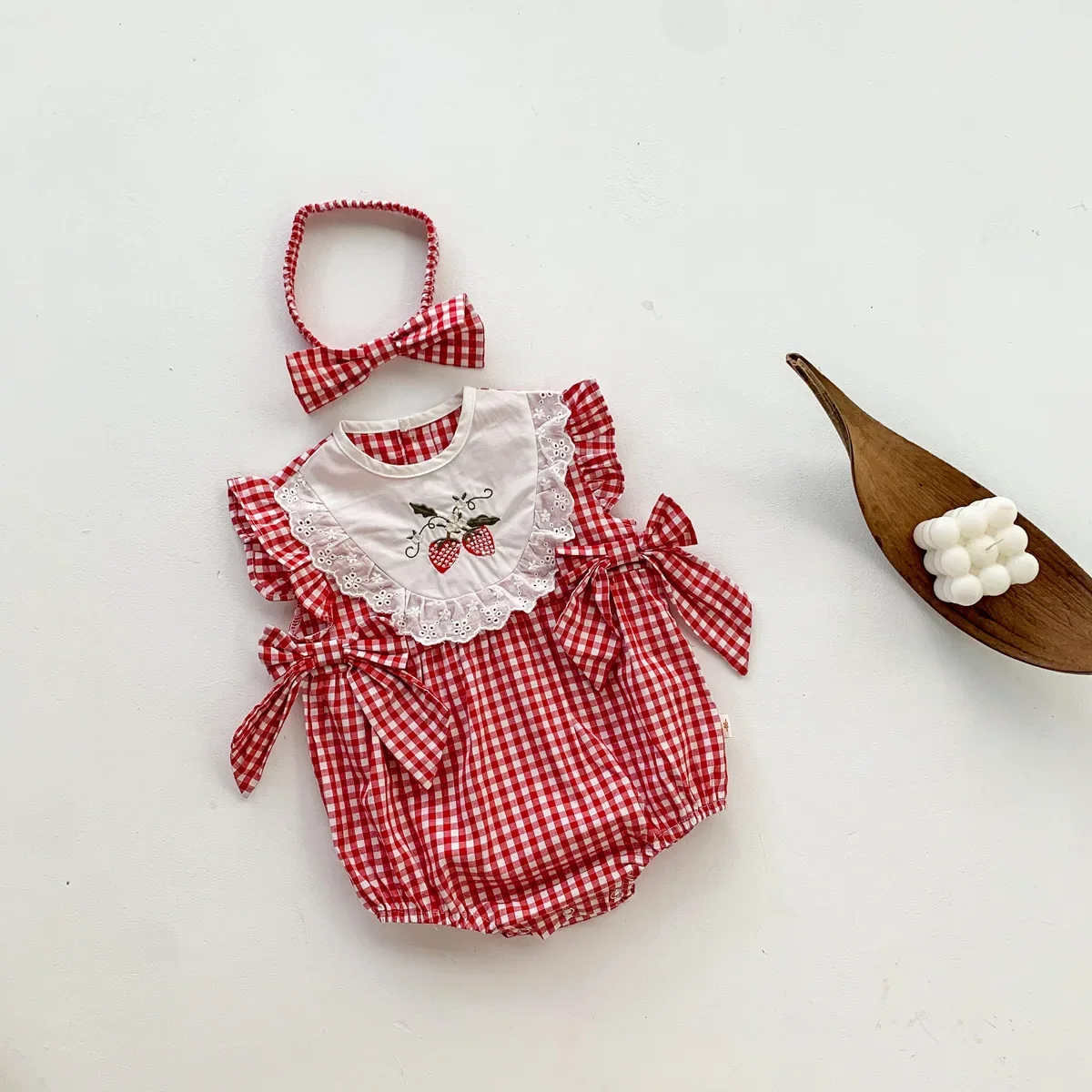 Red Plaid Lightweight Embroidered Lace Cotton Triangle Romper Baby Girl Summer Crawling Suit Footed Onesie