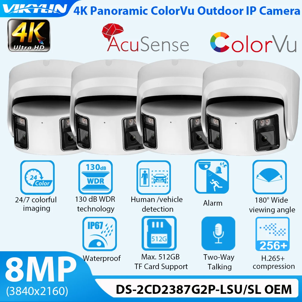 

Видеокамера видеонаблюдения Vikylin 4K 8MP Ultra HD с двойным объективом, уличная панорамная Камера видеонаблюдения для Hik DS-2CD2387G2P-LSU/SL AcuSense ColorVu, полноцветная