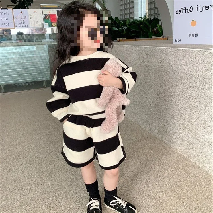

1-8Y Baby Girl Boy Cotton Stripe Clothes Set Casual Sweater + Shorts 2pcs Infant Toddler Child Tracksuit Spring Fall Summer Set
