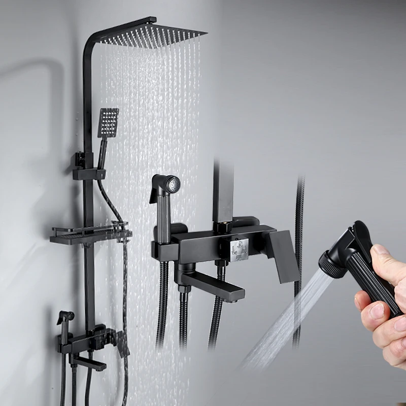 Black/Chrome Rainfall Shower Faucet Bathroom Shower Faucet Set Wall Mount Mixer Crane 15cm Spout Bath bathroom faucet bathroom shower faucet set