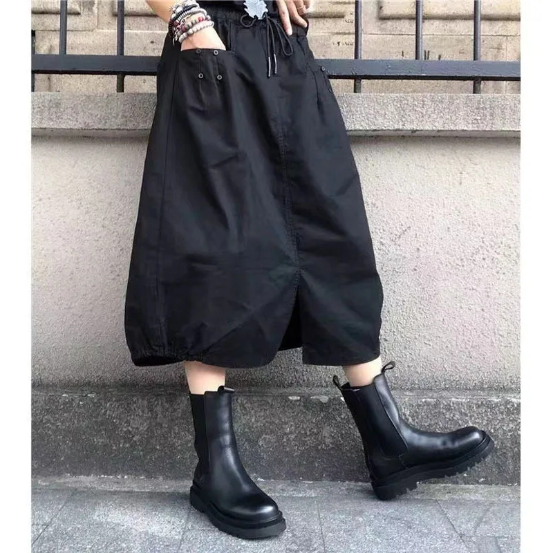 Summer New Women Solid Color Elastic Waist Pure Cotton Appear Thin Black Forking Flower Bud All-match A-word Half Length Skirt