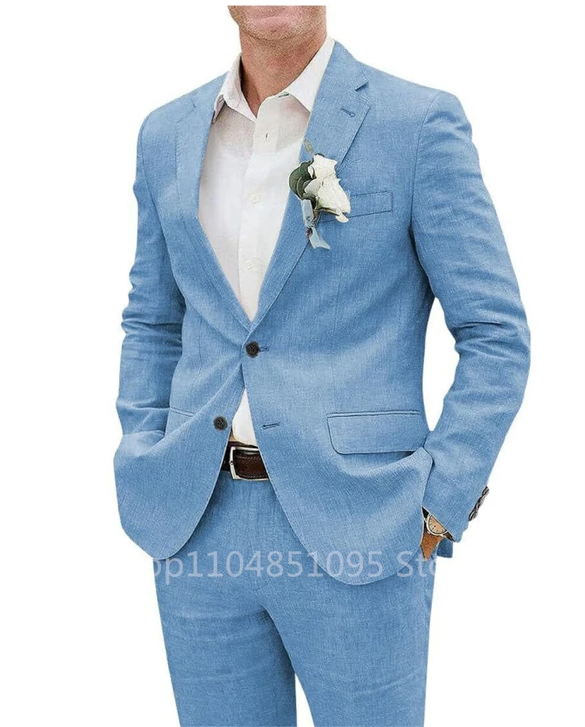 Linen Wedding Groom Tuxedos for Party Prom Slim Fit Casual Men Suit Notched Lapel Jacket with Pants 2 Pieces Set for Summer