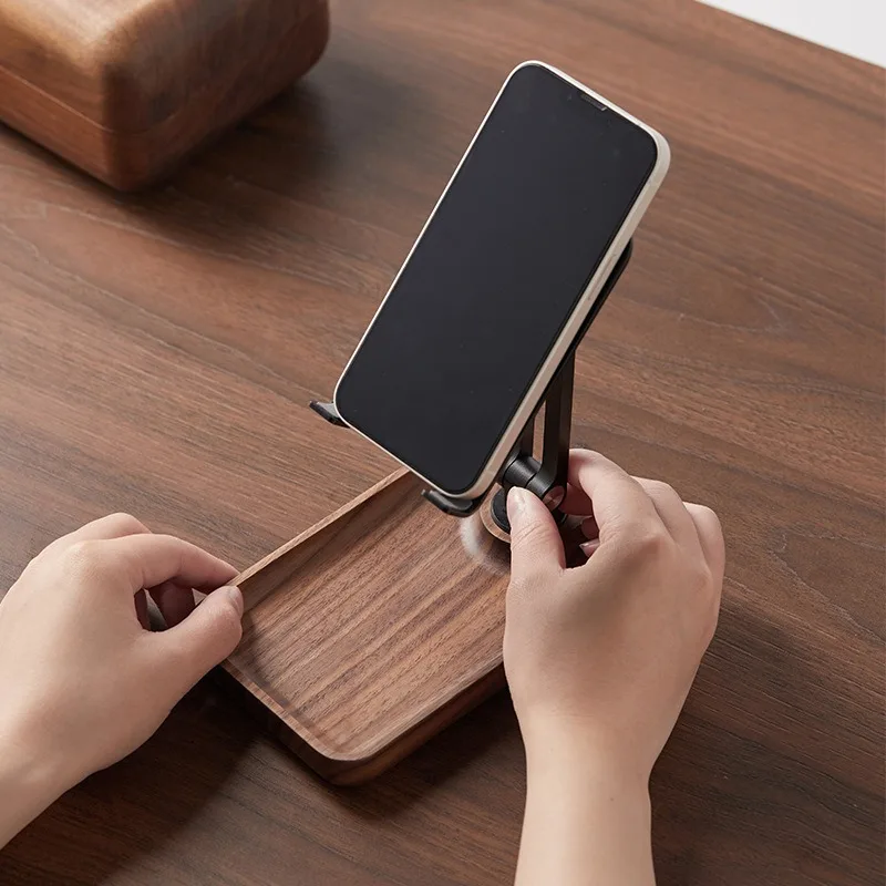 Supporto per cellulare/tablet girevole e pieghevole in lega di alluminio, in legno di noce nero, ideale per guardare video in diretta e trasmissioni._voghion.com