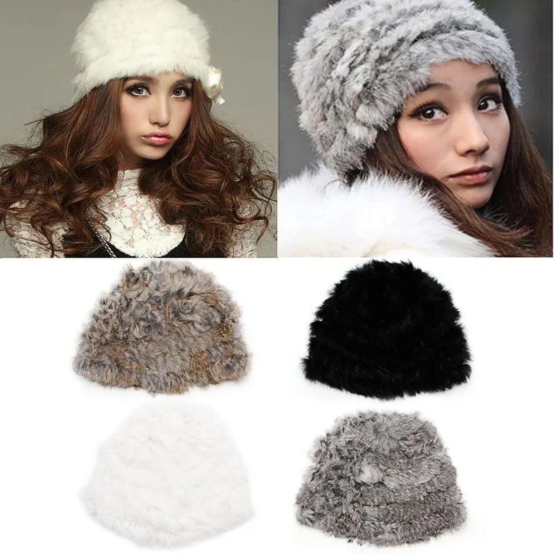 

Fashion Russian Lady Rabbit Fur Knitted Cap Women Winter Warm Beanie Hat