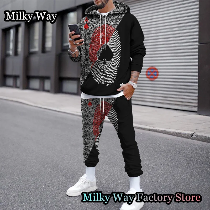 Spring Autumn Men's Poker Print Hoodie Set Casual Stylish Tracksuit Male Chic Long Sleeve Clothing Fashion Hooded Streetwear