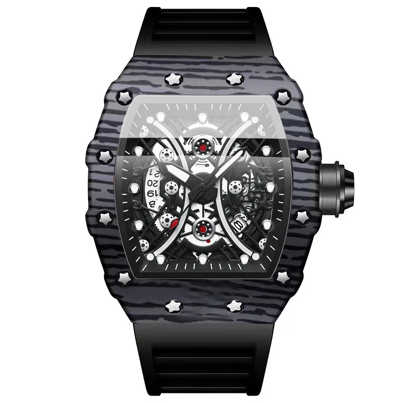 Men Sport Watches 2023 New Tonneau Black Skeleton Quartz Wristwatch Luxury fFashion Brand Luminous Waterproof Clock Gift For Man