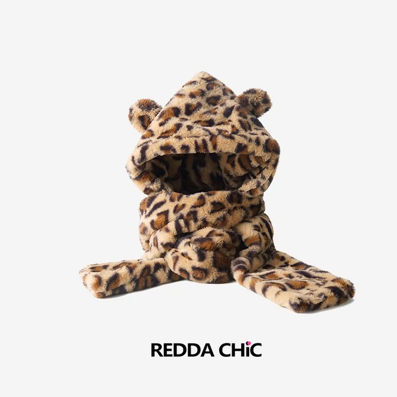 REDDACHiC Women Leopard Print Hooded Scarf Faux Fur Teddy