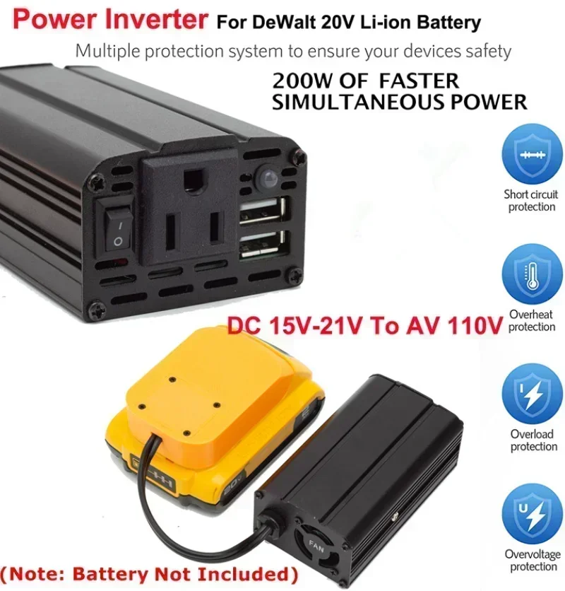 200W Portable Power Supply Inverter Compatible with for Dewalt 20V