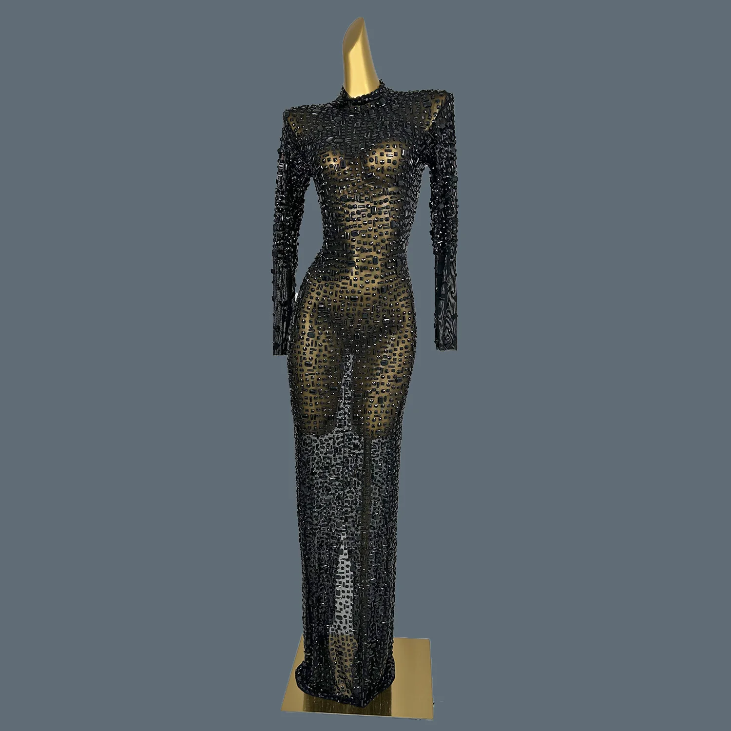 Sparkly Rhinestone Long Dress Women Sexy Mesh Birthday Celebrate Evening Dress Party Photo Shoot Wear Performance Costume Xigua