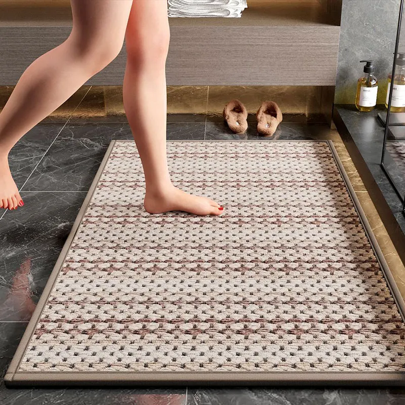 Soft plush non-slip bath mat, absorbent and quick-drying, in a modern bathroom.