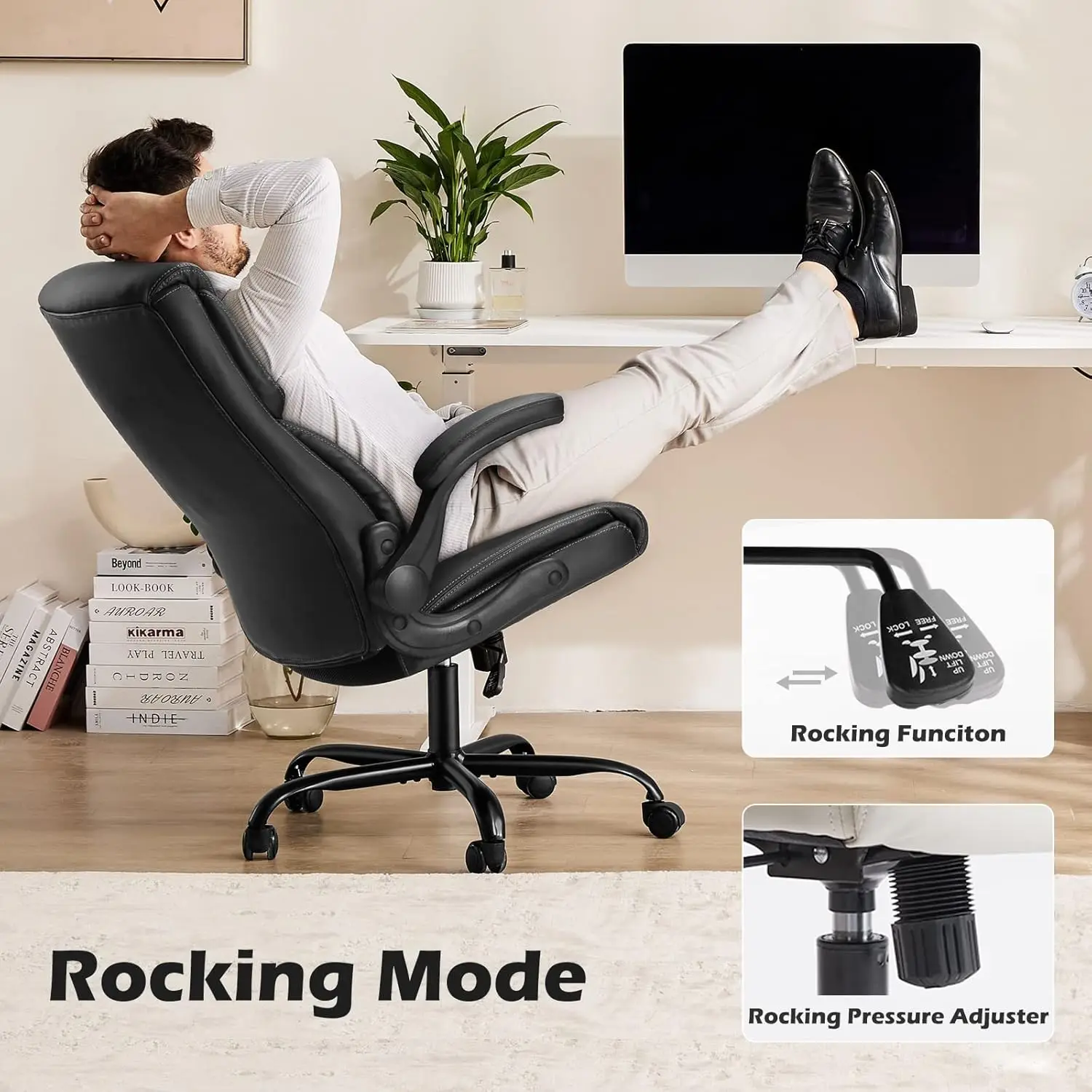 Office High Back PU Leather Executive Computer Desk Lumbar Support Flip up Armrest Gaming Rolling Chair with Wheels Black 6