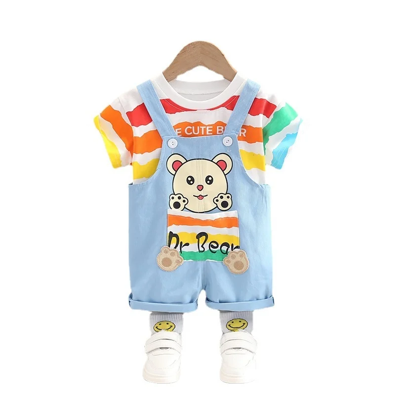 

New Summer Baby Clothes Suit Children Girls Boys Striped T-Shirt Overalls 2Pcs/Set Toddler Casual Costume Infant Kids Tracksuit