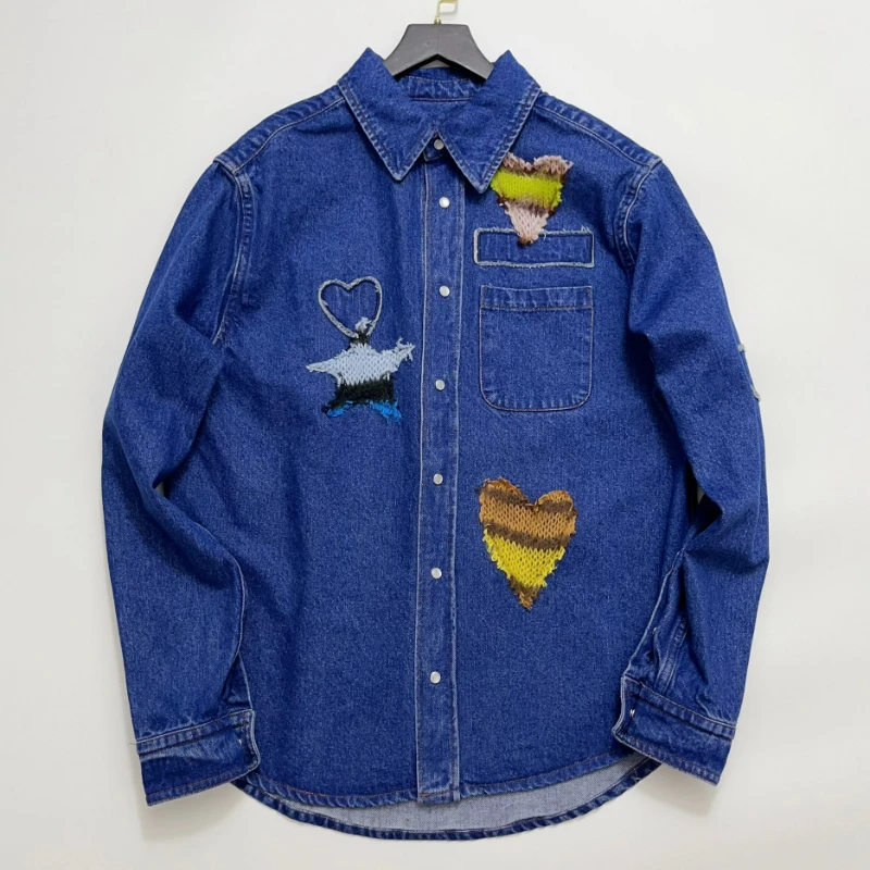 

2024 Spring Women Tops Love Patch Lapel Long Sleeve Denim Shirt Jacket