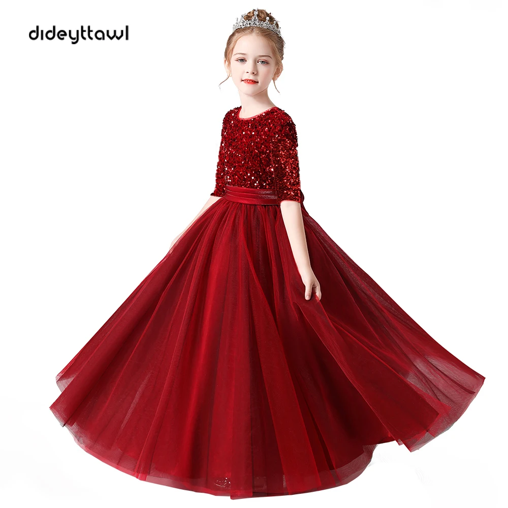 Dideyttawl Half Mouwen Bloem Meisje Jurken Bruidsmeisje Pailletten Tulle Puffy Rok Meisjes Verjaardagsfeestje Pageant Gown