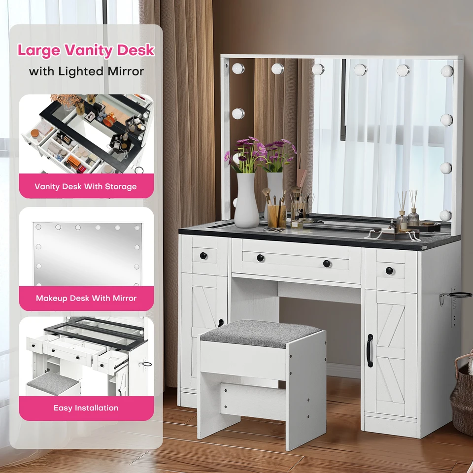 Scrivania Trucco Con Luci E Grande Specchio LIMGLIM, 99.8cm, 3 Toni Luminosità, 5 Cassetti E Prese USB