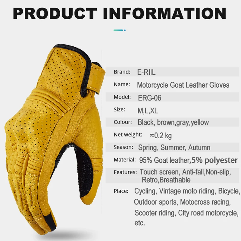 E-RIIL Men's Retro Leather Motorcycle Riding Gloves - Hard Protective, Shockproof, Touchscreen-Enabled