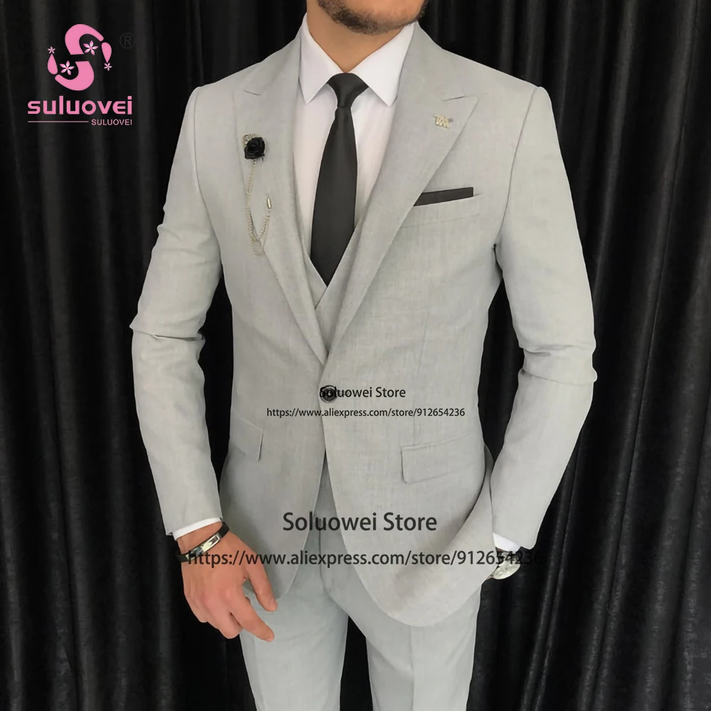Fashion Suits For Men Slim Fit 3 Piece Jacket Vest Pants Set Male Business Blazer Formal Groom Wedding Party Peaked Lapel Tuxedo