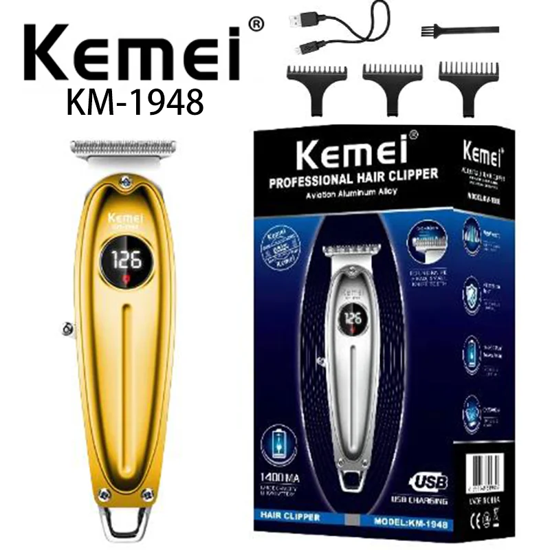 Golden LED Display Metal Hair Clipper KM-1948 Gold USB Charging Electric Men'S Hair Clipper