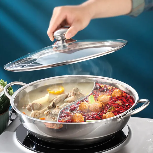 Chinese Hot Pot with Lid Thicken Stainless Steel 2 In 1 Divided Hotpot Kitchen Cooking Pan with Cover Gas Stove Induction Cooker 1
