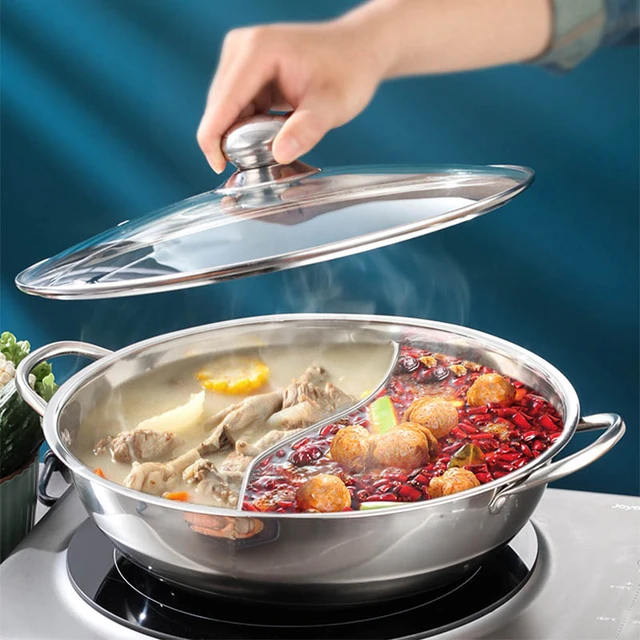 Chinese Hot Pot with Lid Thicken Stainless Steel 2 In 1 Divided