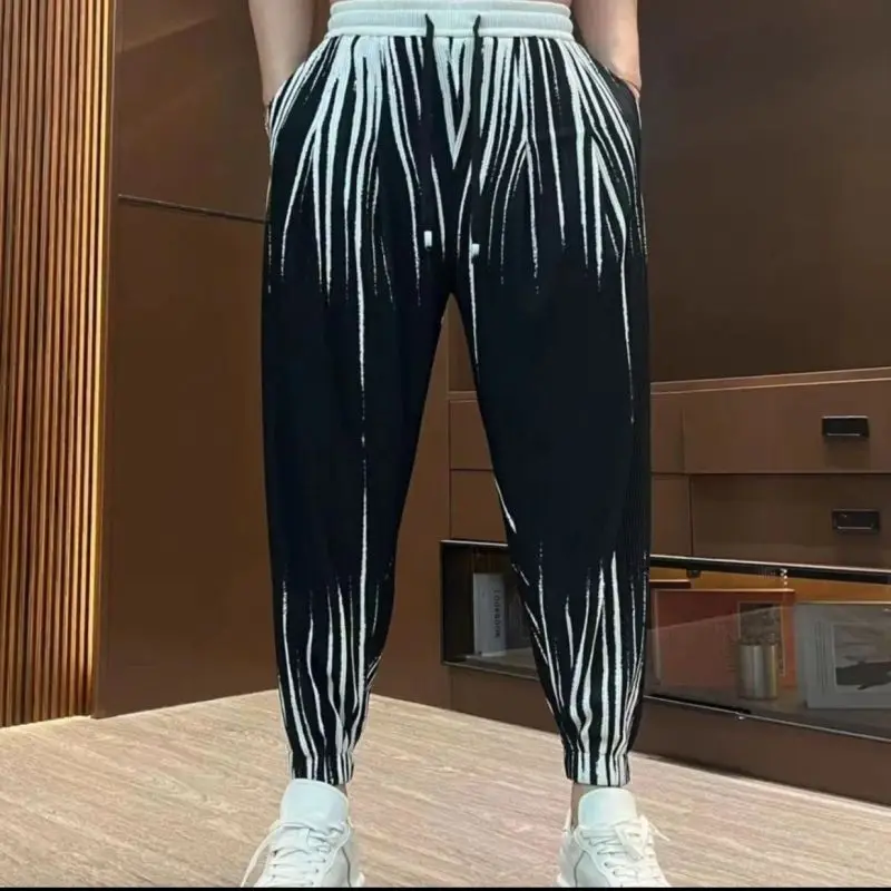 2024 New Summer Korean Version Fashionable Street Hip-hop Style Tie Dyed Personalized Pleats Casual Loose Oversize Thin Leggings