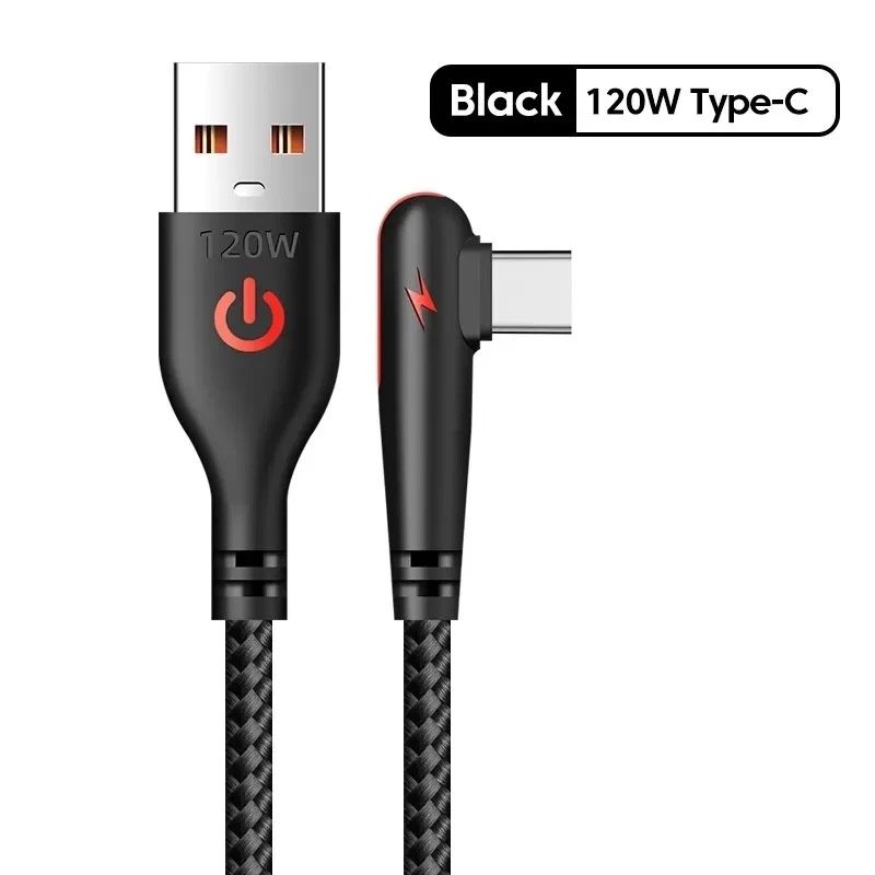 Cable de carga rápida USB tipo C de codo de 90 grados para Huawei Mate 60 50 40 P60 P50 Honor Xiaomi Redmi POCO 120W Cable de cargador rápido