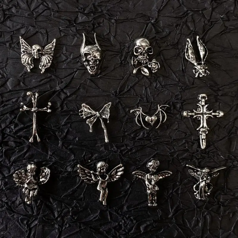 Gothic Punk Style Nail Art Charms 10pcs Antique Silver Alloy Jesus Catholic Cross Accessories Devil Angel Nail Decorations