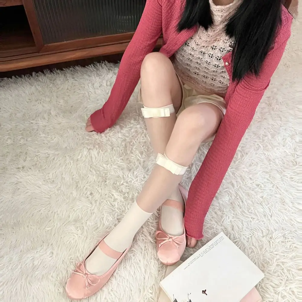 

Soft Wearproof Sweat-absorbent Korean Style Hosiery Splicing Calf Socks Bow Ribbon Socks Women Balletcore Socks