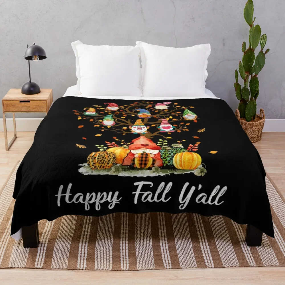 

Happy Fall Yall Gnomes Pumpkin Autumn Tree Thanksgiving Throw Blanket Thin Wadding Blanket