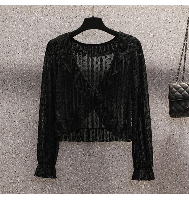 61616 black strappy bell sleeve cardigan