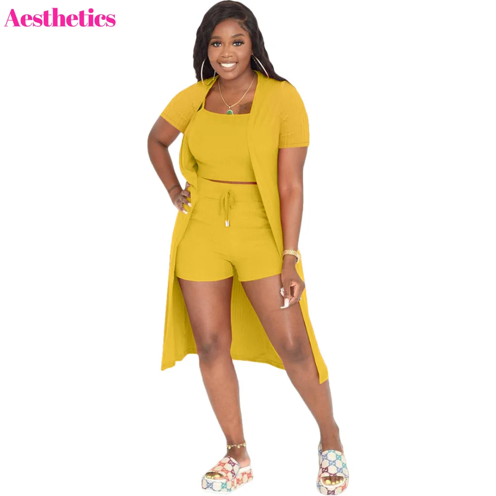 

Tracksuit Set Drawstring Shorts Vest Bodycon Women Set Short Sleeved Long Coat Solid Color Women Set Three Pieces Streetwear