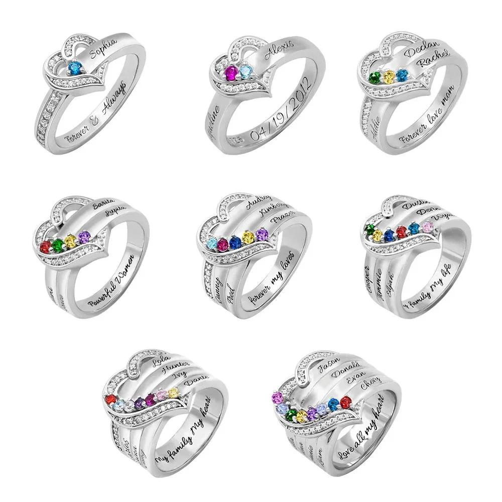 Personalized Heart Engraved Name With Birthstone Rings 925 Sterling Silver Fashion Jewelry Birthday Gifts for Women Girl Family vintage butterfly jewelry storage box for rings oval treasure chest organizer jewelry keepsake gift box case for girl women