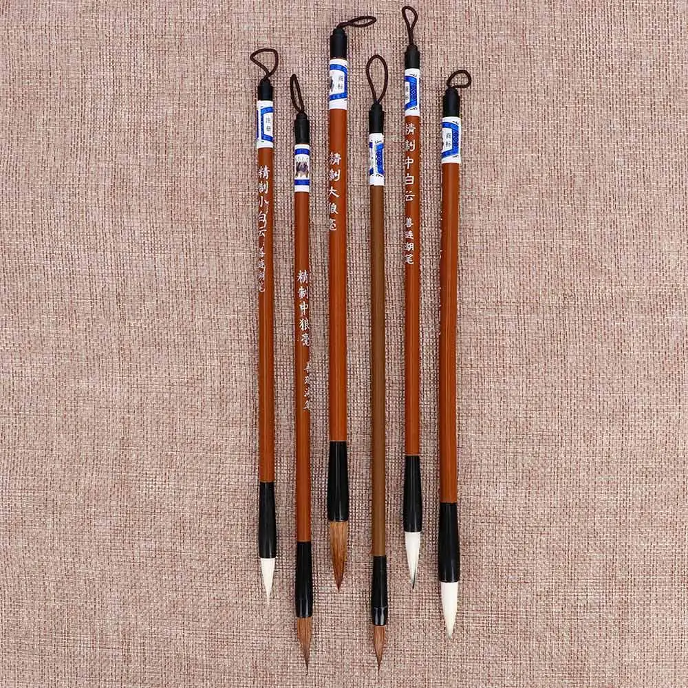 6pcs Traditional Chinese White Clouds Bamboo Wolf's Hair Writing Brush Calligraphy Painting Practice Writing Brushes