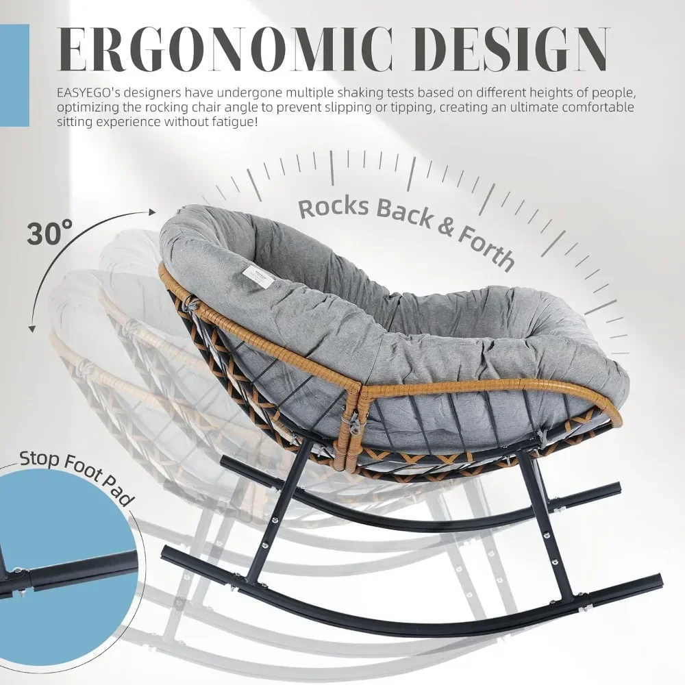 --NewOversized Patio Rocking Chair, Papasan Rocking Chair Indoor Outdoor Use, Lounge Chair with Cushion, Egg Rocker Chairs, C