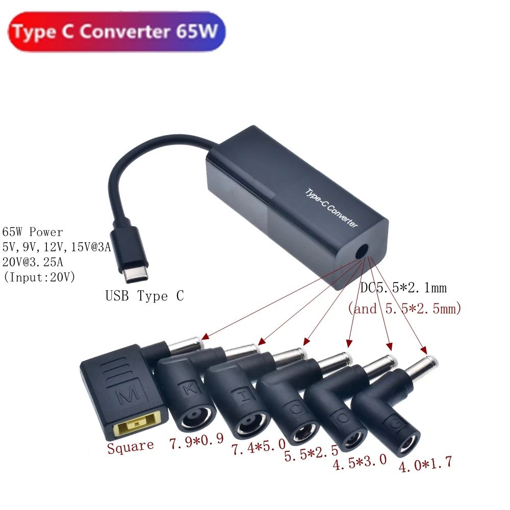 65W USB Type C Converter Universal Laptop Phone Adapter Charger Connector 7.9*5.5 7.4*5.0 5.5*2.5mm to USB Type C Adapter Cable