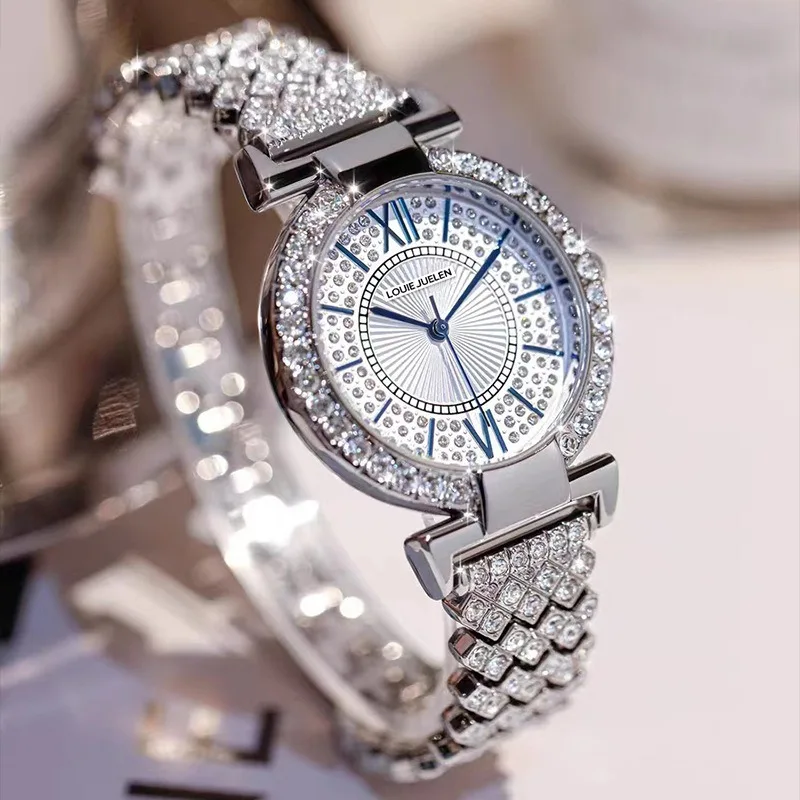 Luxury Women Watch Sky Star Set with Diamond Shells Blue Dots Printed on White Face Diamond-set Steel Strip Women Quartz Watch