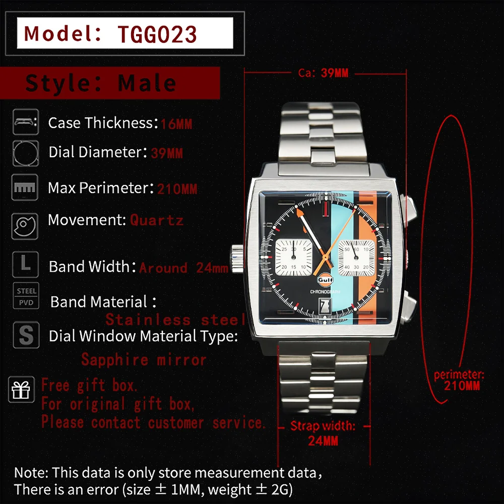 2022 Fashion New Square Color Bar 37mm Men's Leisure Sports Sapphire Mirror Stainless Steel Material Waterproof Quartz Watch