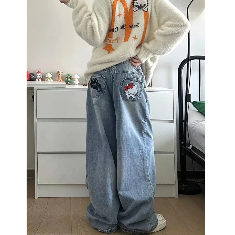 헬로 키티 산리오 Y2k 데님 바지, 레트로 레터 자수 청바지, 하이웨이스트 루즈 와이드 레그 팬츠, 하이 스트리트 팬츠