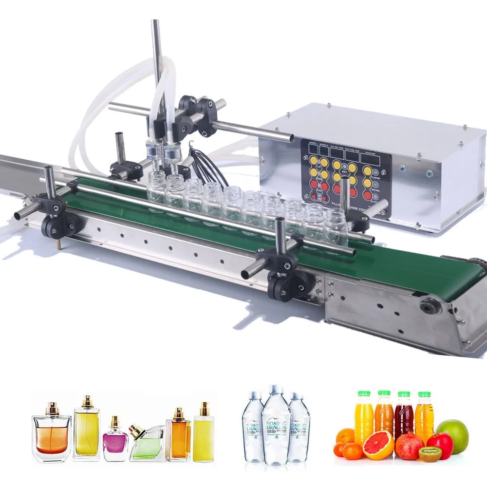 

Auto Filling Machine Double Heads Liquid Filler With 1.2m Or 60cm Belt Conveyor Heat Resistant Bottle Water Beverage 2 Heads