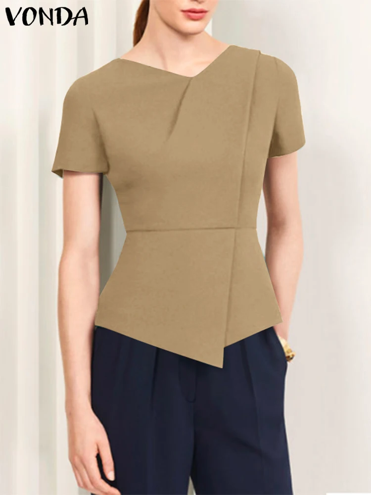 

Women Summer Blouse 2024 VONDA Casual Short Sleeve V-Neck Elegant Blusas Tunic Tops Loose Solid Color Fashion Shirts Femininas