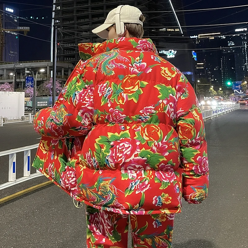 Northeast Big Flower Print Cotton-Padded Coat Men's, Red New Year Flower Coat Trendy Thickened Pattern Cotton-Padded Coat