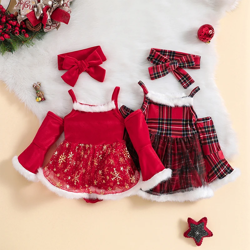 ChristmasNewbornBabyGirlsClothesPrincessRedFurSnowflakePlaid