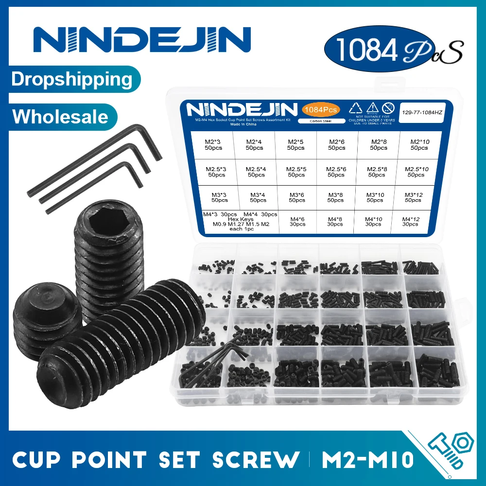 Hex Socket Cup Point Set Screw NINDEJIN M2 M2.5 M3 M4 M5 M6 M8 12.9 Carbon Steel Headless Allen Head Grub Screw Assortment Kit