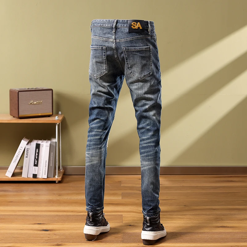 Vintage washed blue stretchy slim fit ripped jeans High Street fashion men's jeans patch designer personality hip hop Hombre